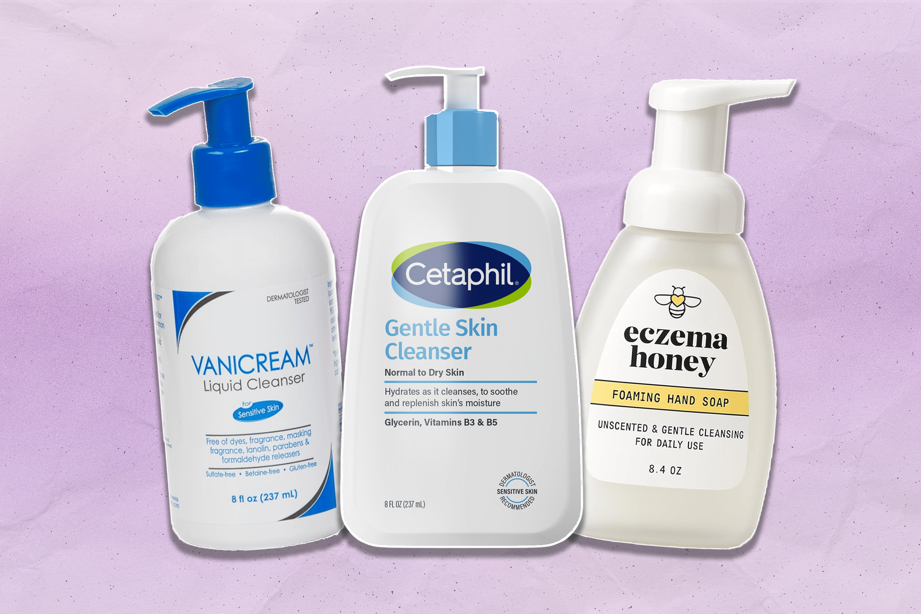 Left to Right: a bottle of Vanicream's Liquid Cleanser; a bottle of Cetaphil's Gentle Skin Cleanser; a bottle of Eczema Honey's Foaming Hand Soap.