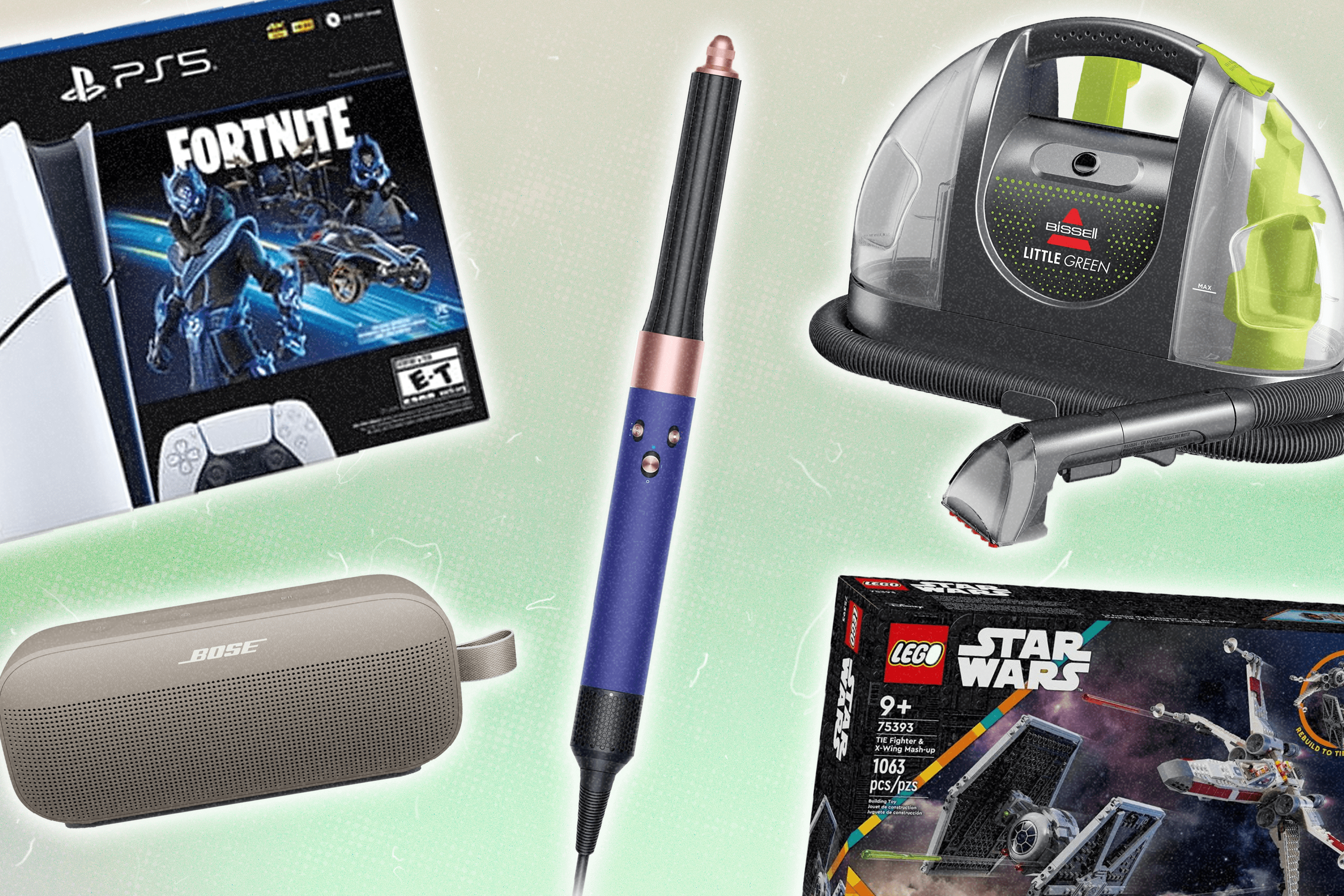 From Left to Right: a PlayStation 5 Fornite Bundle, a Bose portable speaker, a Dyson Airwrap Long, a BISSELL vacuum, a LEGO Star Wars set