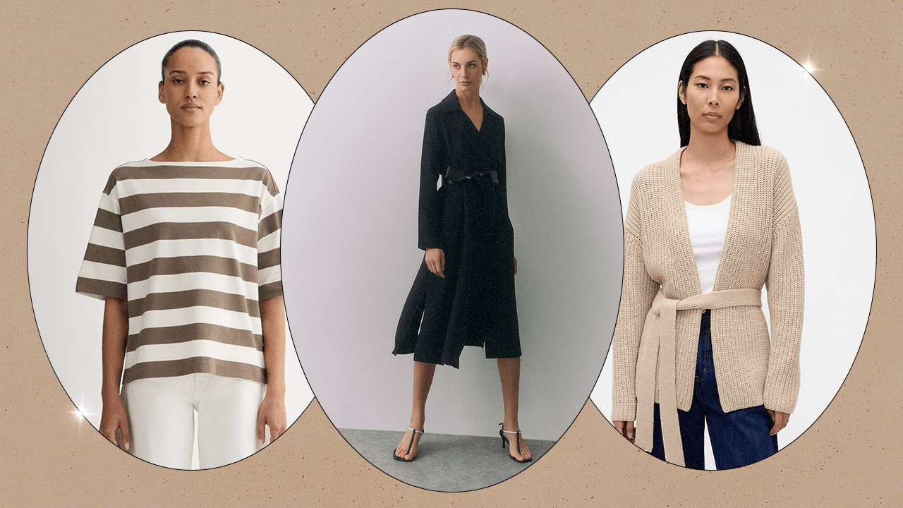 Left to Right: an Everlane model wearing a light brown and white striped T-shirt; a Cuyana model wearing a flowy, black, belted coat; a Gap model wearing a beige-oatmeal-colored wrap cardigan with a waist tie.