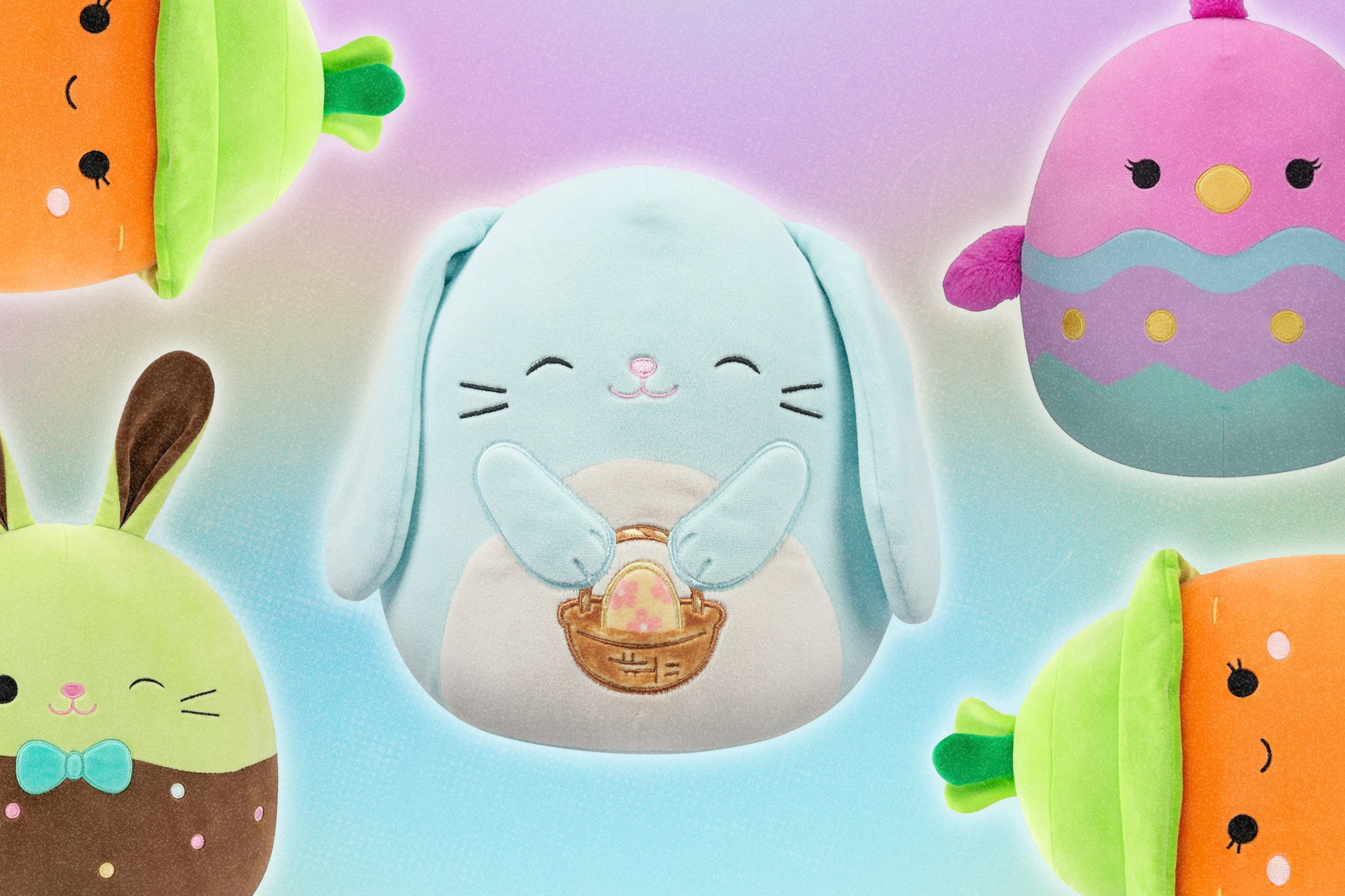 Carrot, Easter Bunny, and baby chick Squishmallows plush toys on top of a multi-color rainbow background