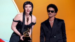 LOS ANGELES, CALIFORNIA - FEBRUARY 02: (L-R) Lady Gaga and Bruno Mars accept the Best Pop Duo/Group Performance Award for "Die with a Smile" onstage during the 67th Annual GRAMMY Awards at Crypto.com Arena on February 02, 2025 in Los Angeles, California.
