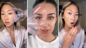 Two TikTok creators applying and removing Medicube’s PDRN Pink Collagen Gel Mask