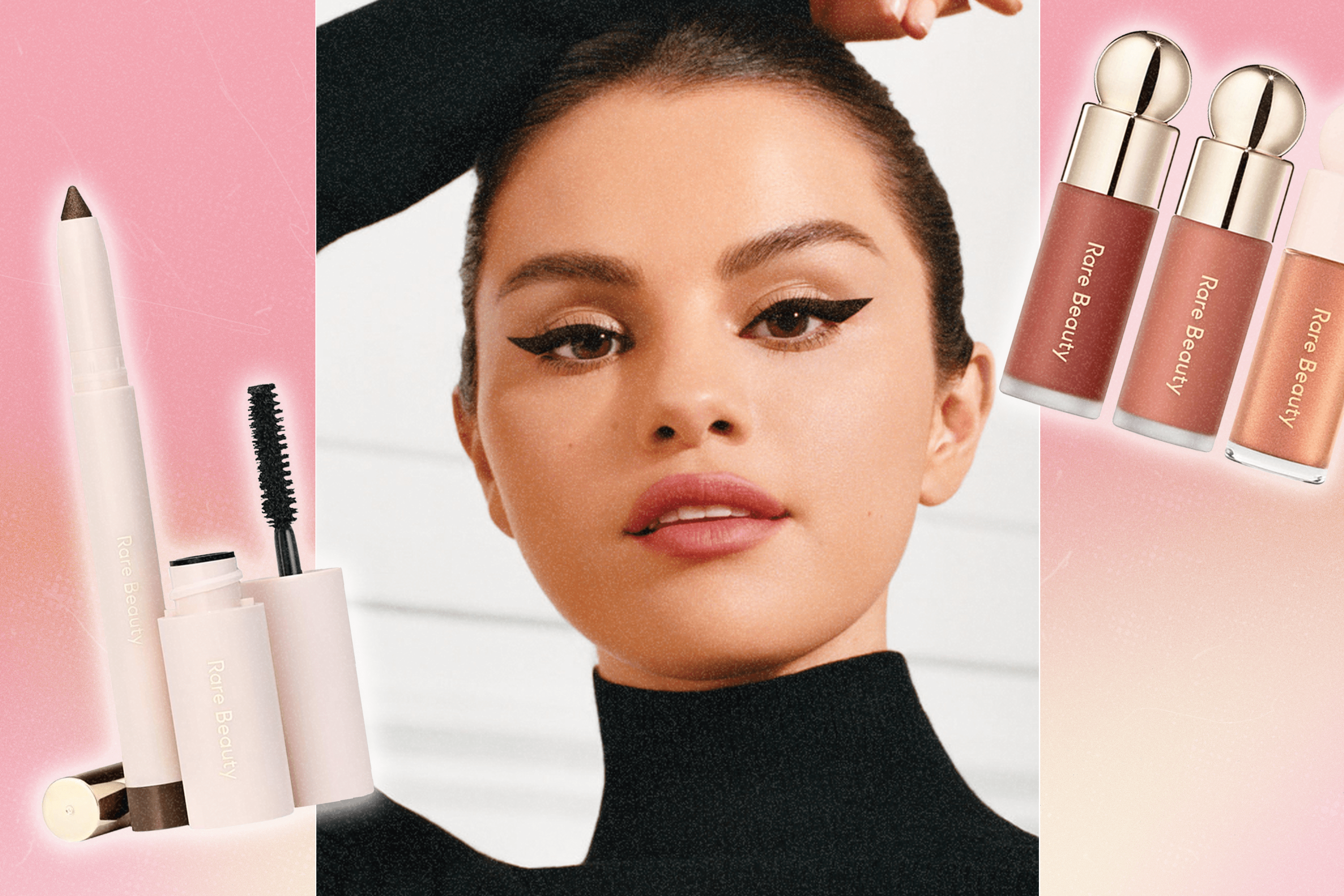 A close up photo of Selena Gomez modeling for Rare Beauty, with Rare Beauty makeup products on both sides.
