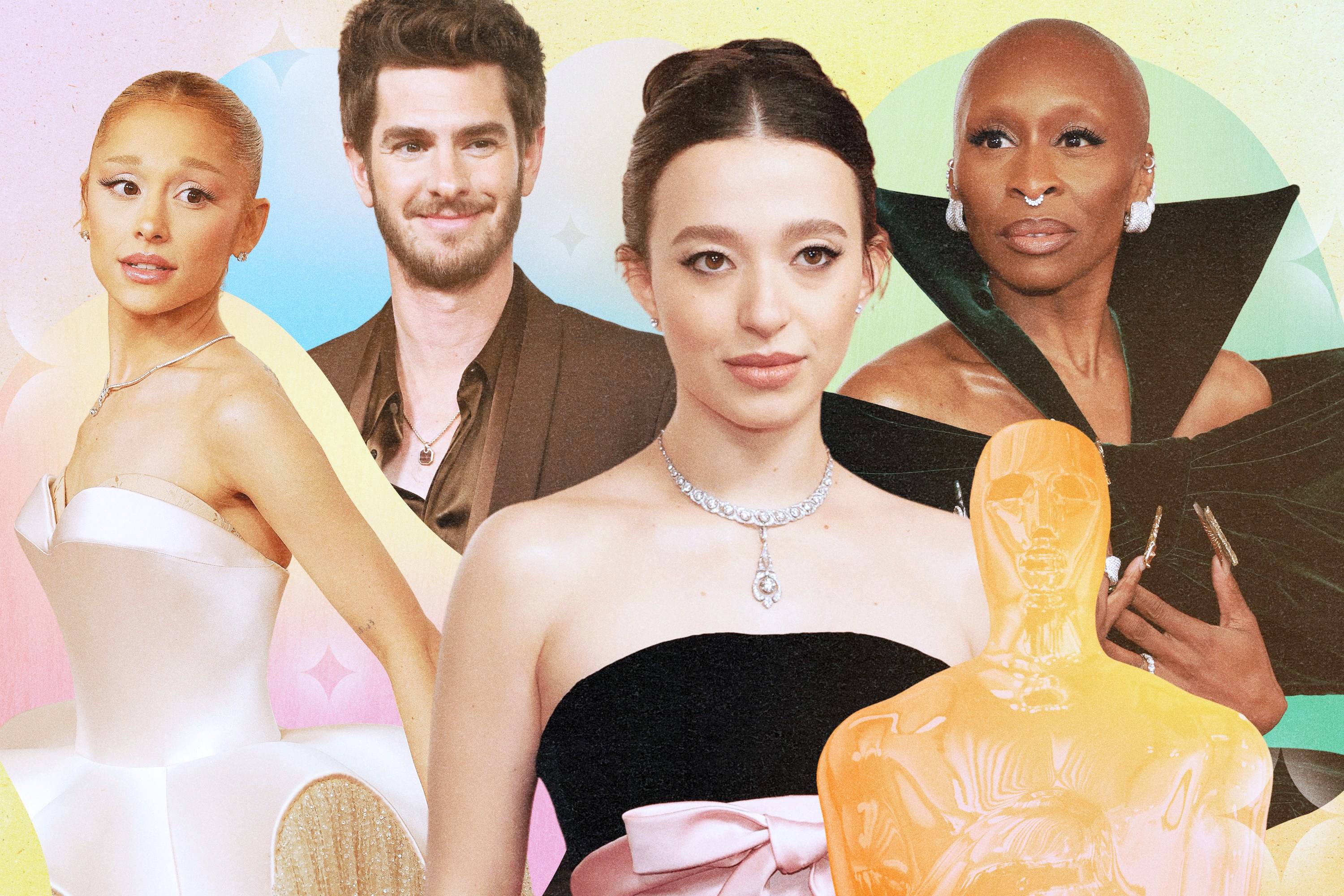 Ariana Grande, Andrew Garfield, Mikey Madison, and Cynthia Erivo at the 2025 Oscar Awards.