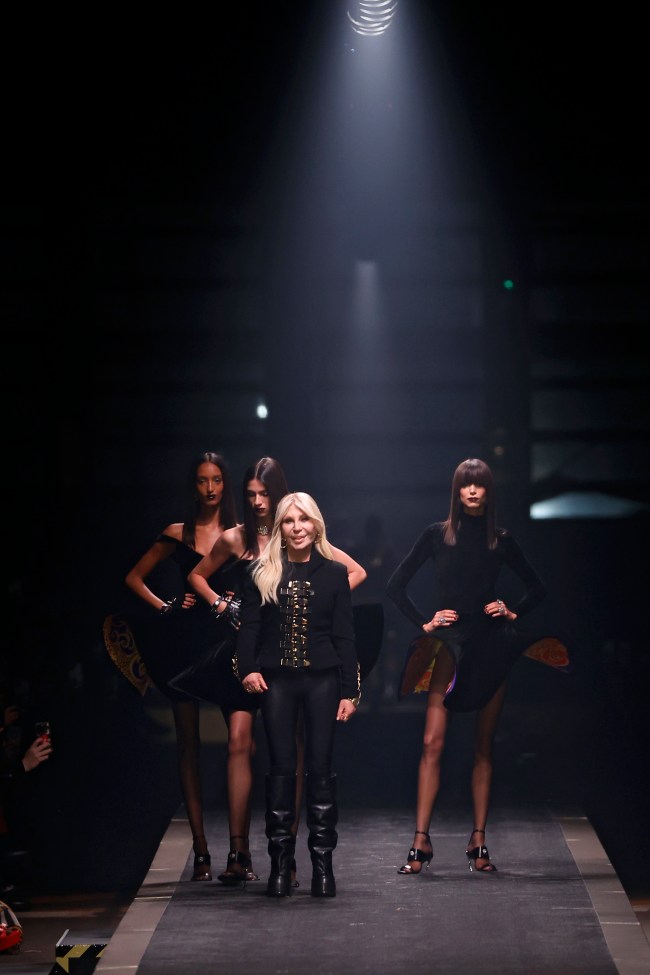 Fashion designer Donatella Versace waves the runway at the Versace fashion show during the Milan Fashion Week - Womenswear Fall/Winter 2025/2026 on February 28, 2025 in Milan, Italy.