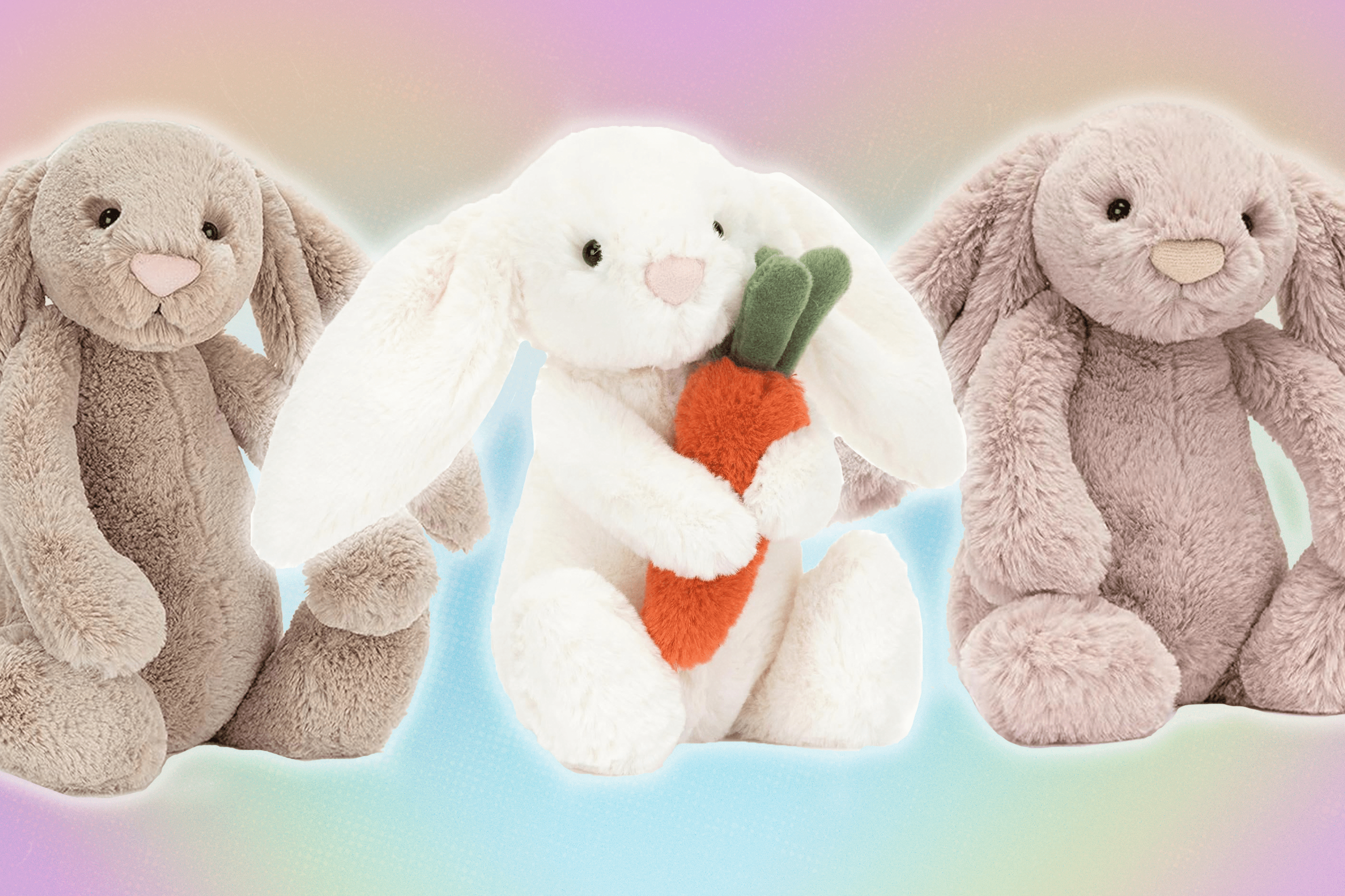 Three Easter bunny Jellycat stuffed animals in a row with a rainbow heart background.
