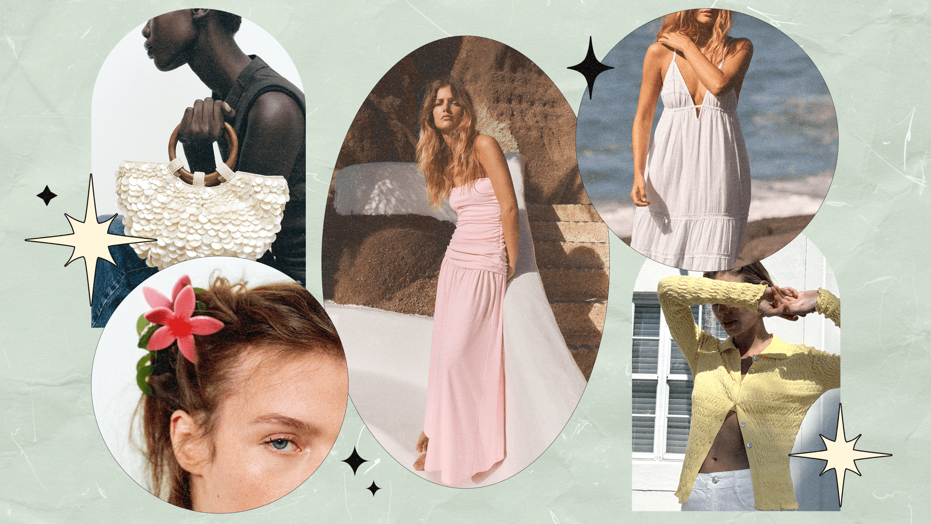 Five models wearing clothing and accessories from Zara's spring collection