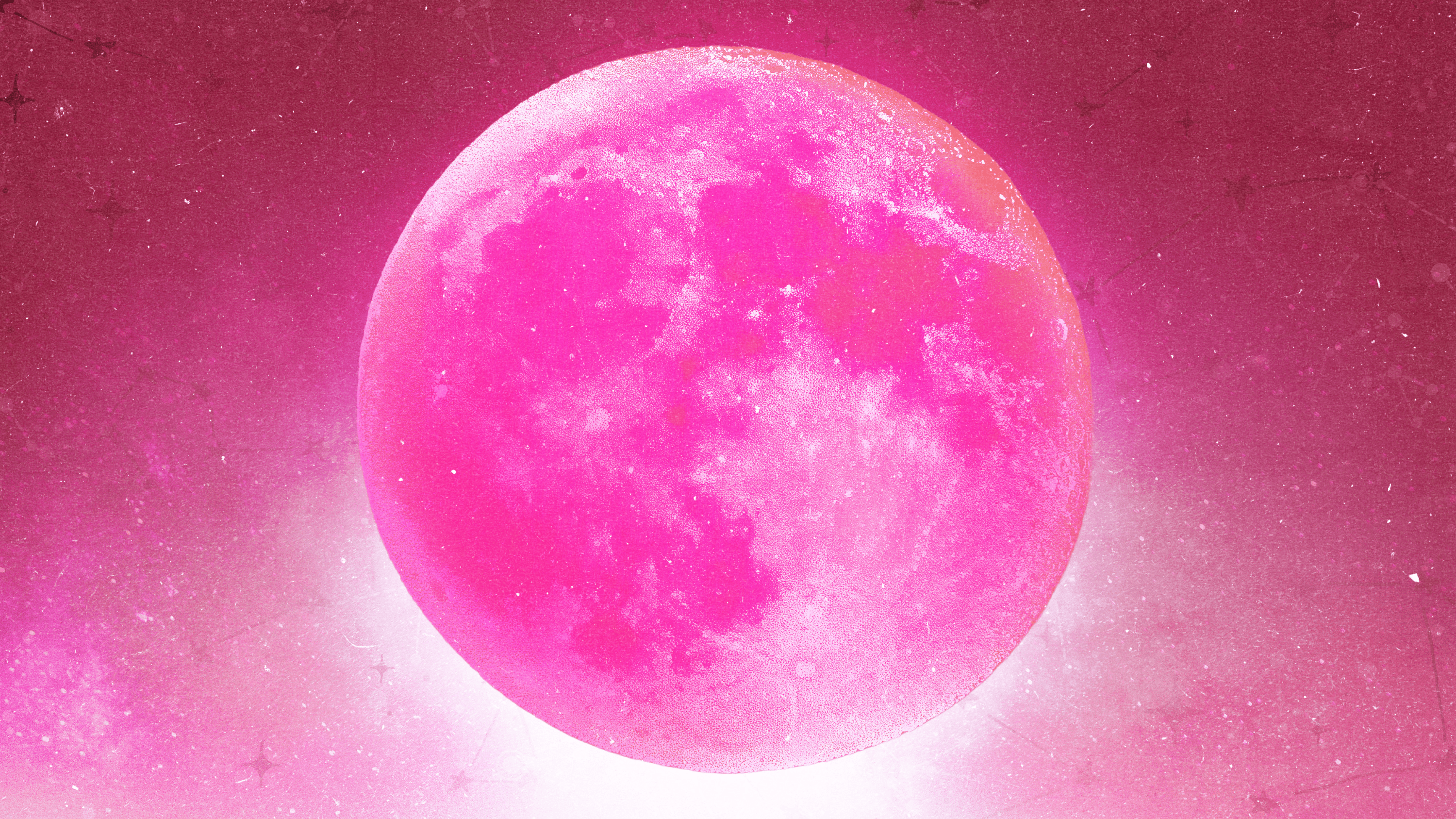 A full bright pink moon over a dark pink cosmic background with twinkling stars