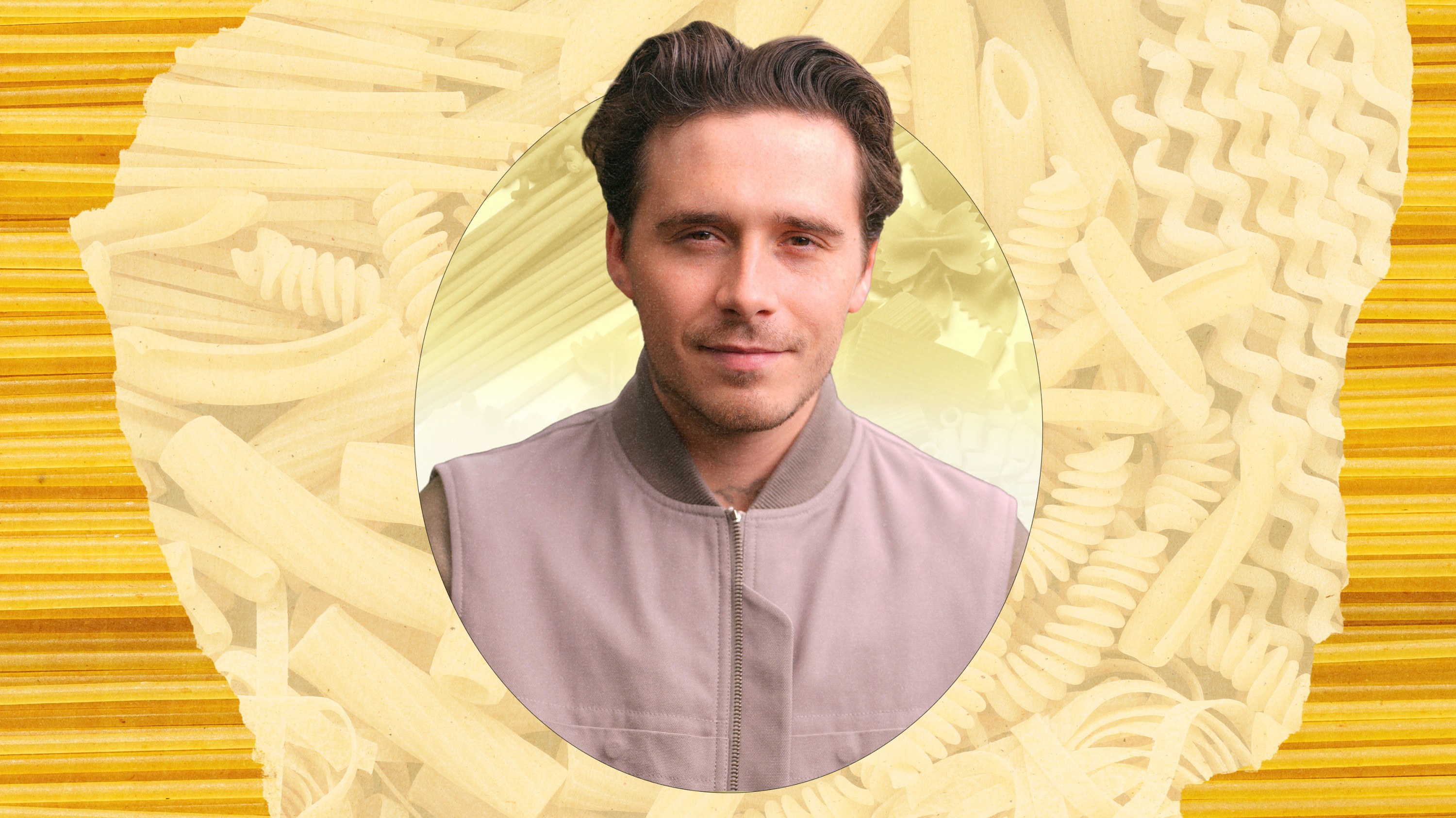 Brooklyn Beckham against a background of pasta