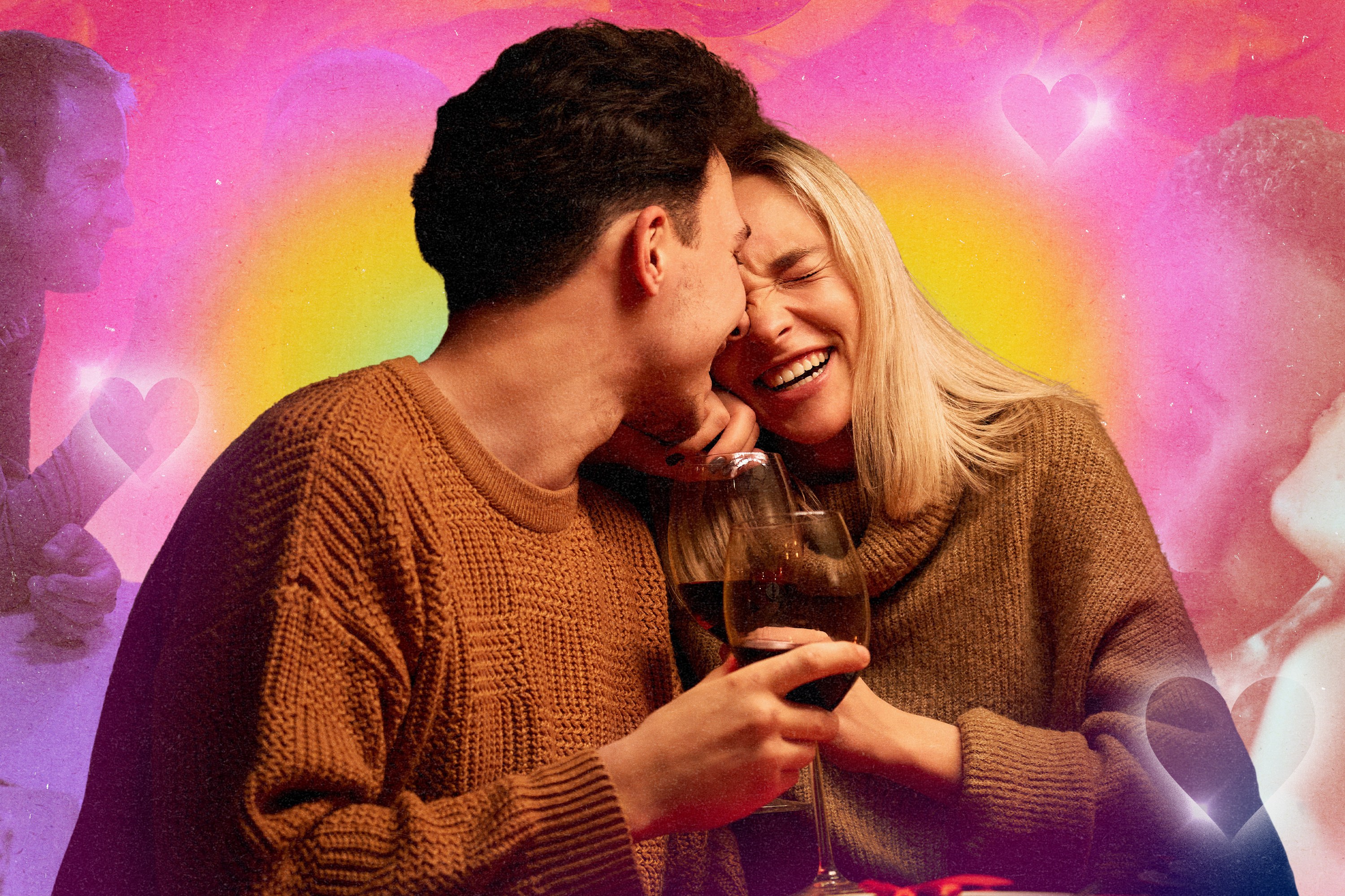 A couple laughing against a colorful background