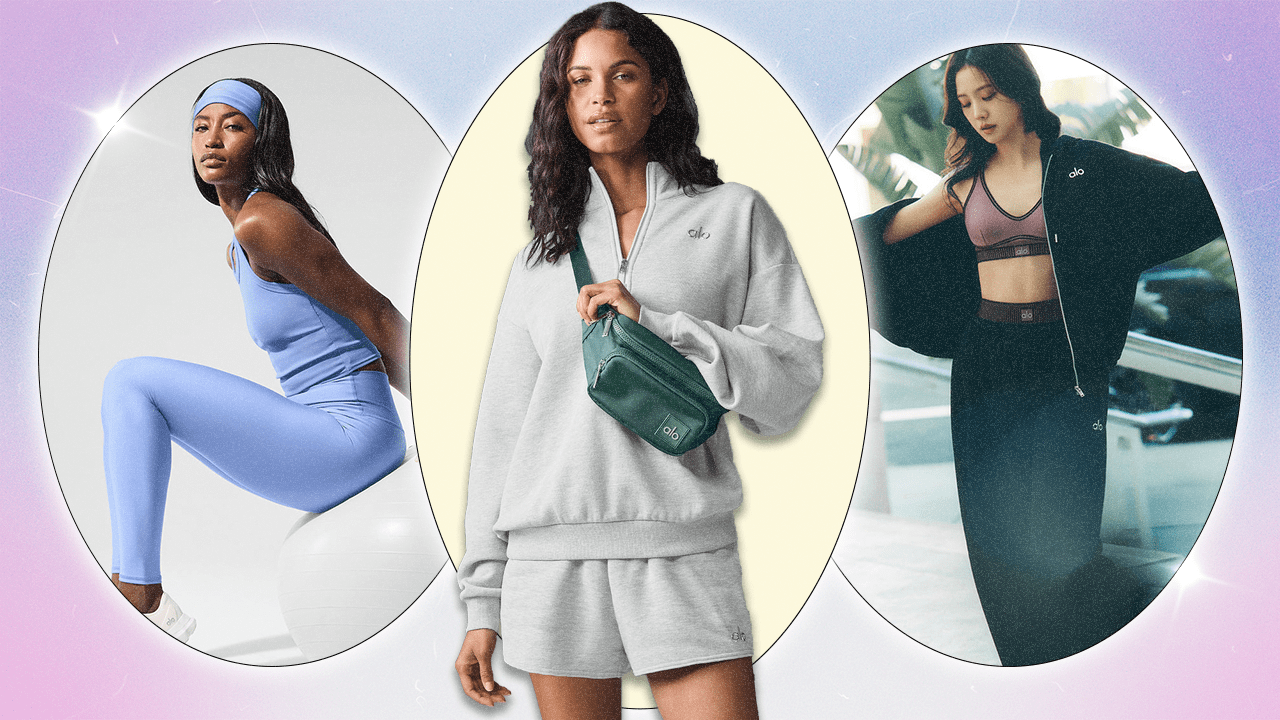 Two Alo Yoga models and JISOO from BLACKPINK wearing Alo Yoga activewear and loungewear.