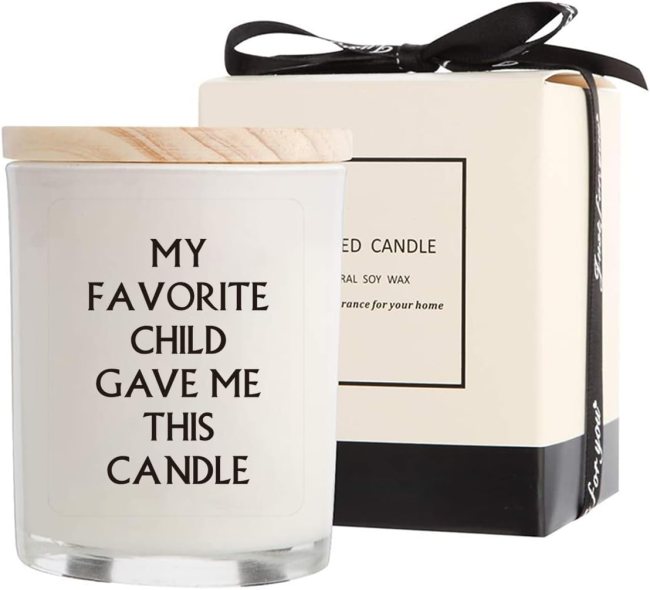 A white candle with the text 'My Favorite Child Gave Me This Candle'