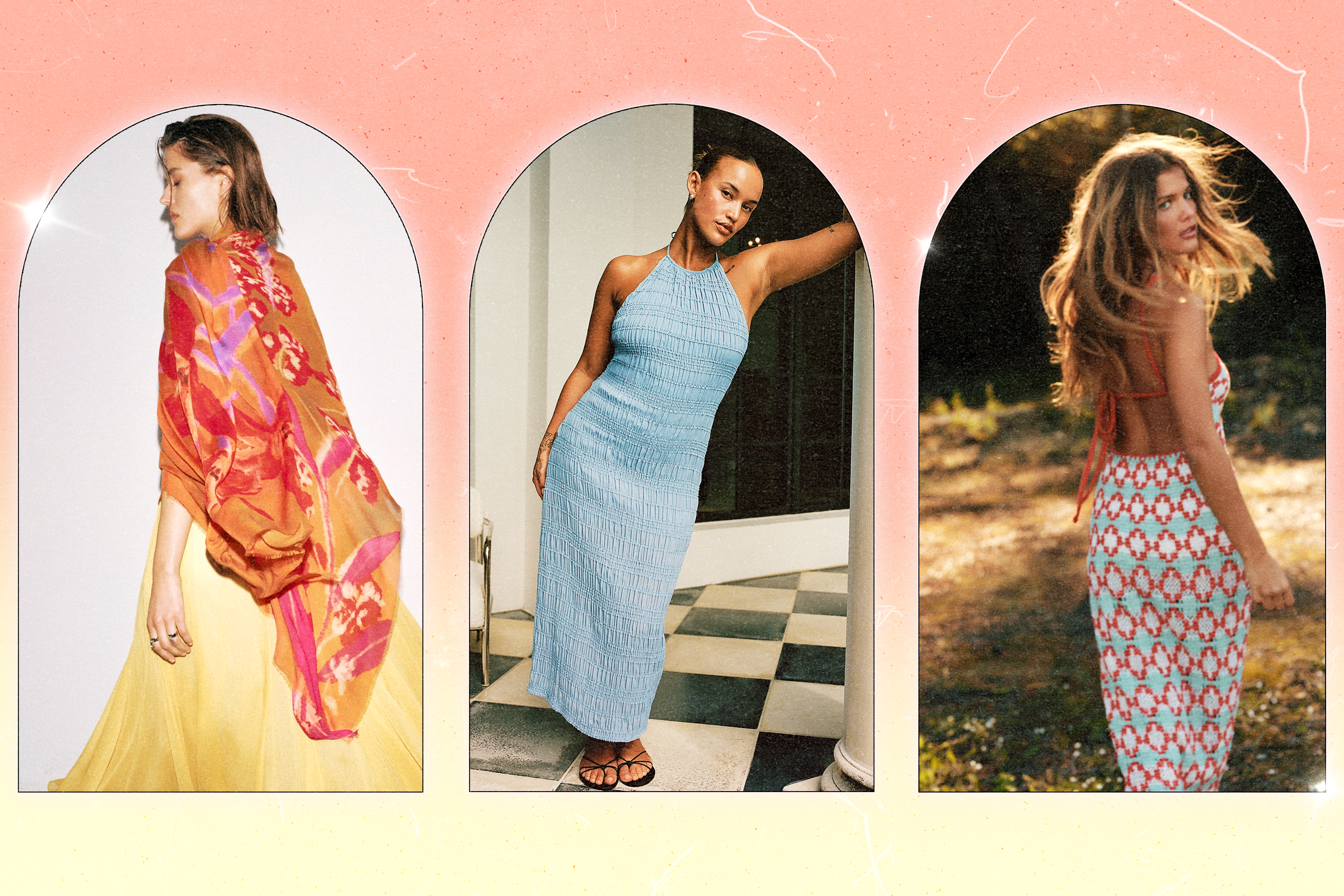 Left to Right: a Zara model wearing a yellow maxi dress and a multi-color scarf; an Abercrombie model wearing a blue ruched halterneck maxi dress; a Zara model wearing a multi-color knit patterned dress.