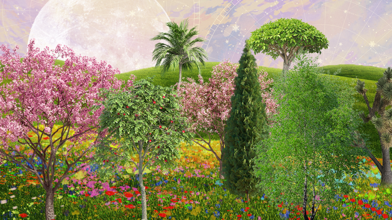 A series of trees over a cosmic sky background that features a full moon