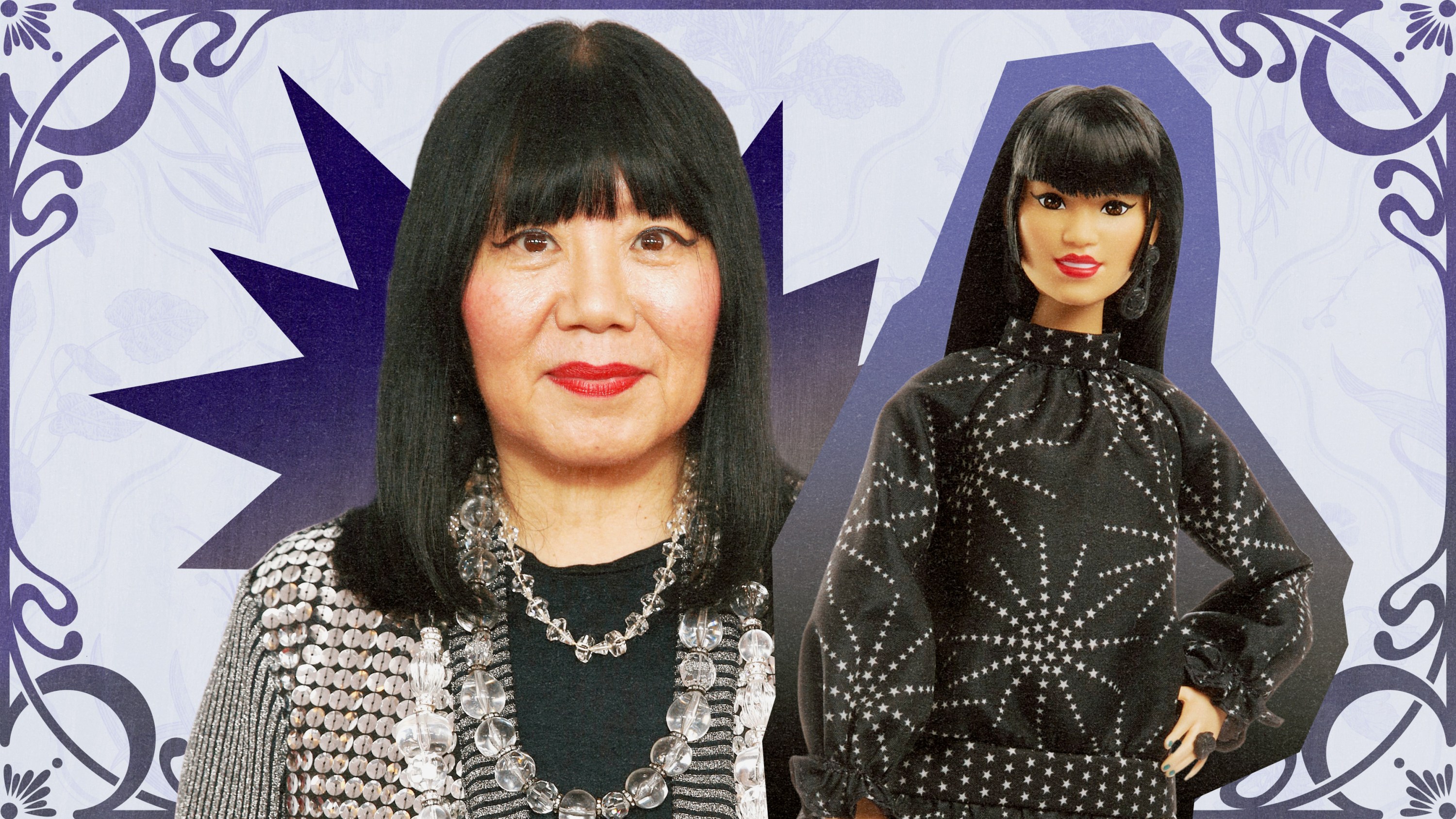 A collage of Anna Sui and a doll.