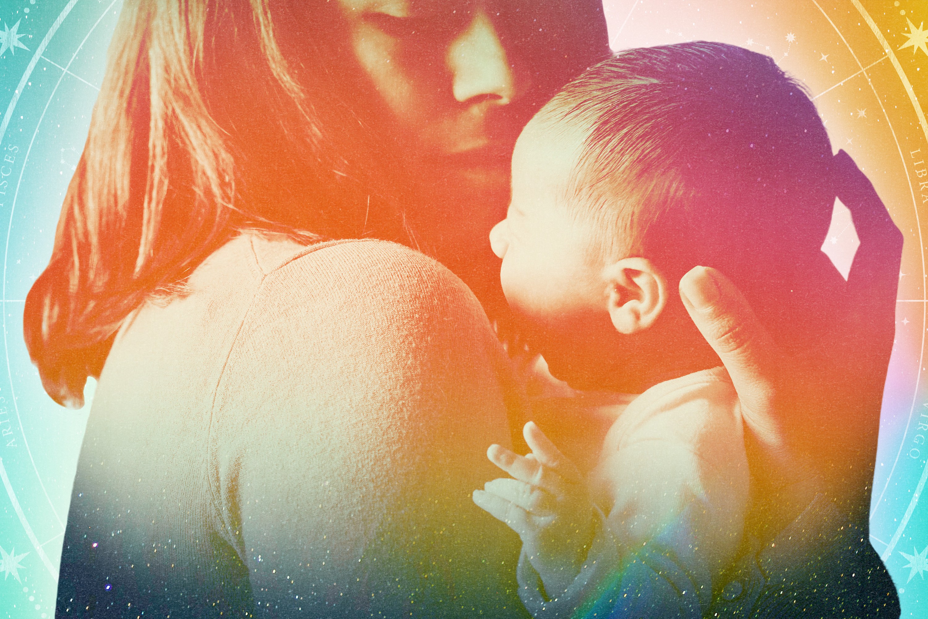 A collage of a mother holding her newborn child.