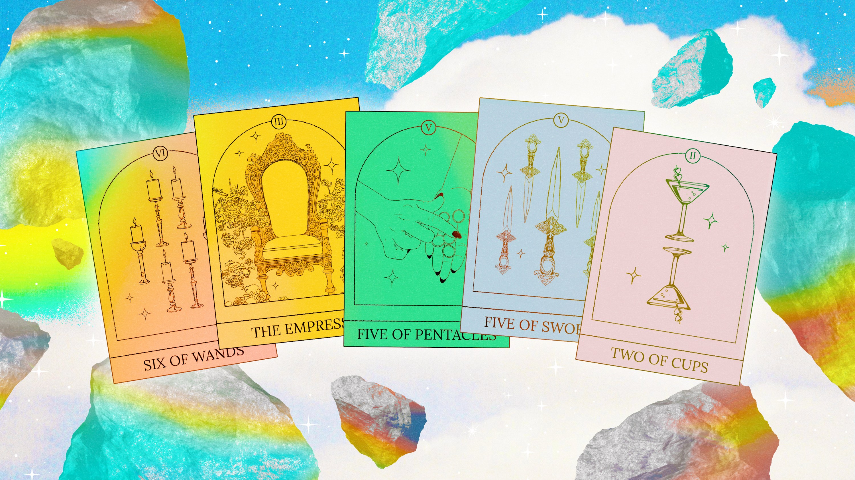 A series of Tarot cards over a rainbow in the sky, surrounded by comets