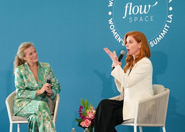 Samantha Skey, Sarah Rafferty speak onstage at the Flow Space Women’s Health Summit LA held at Penske Headquarters on May 14, 2025 in Los Angeles, California.