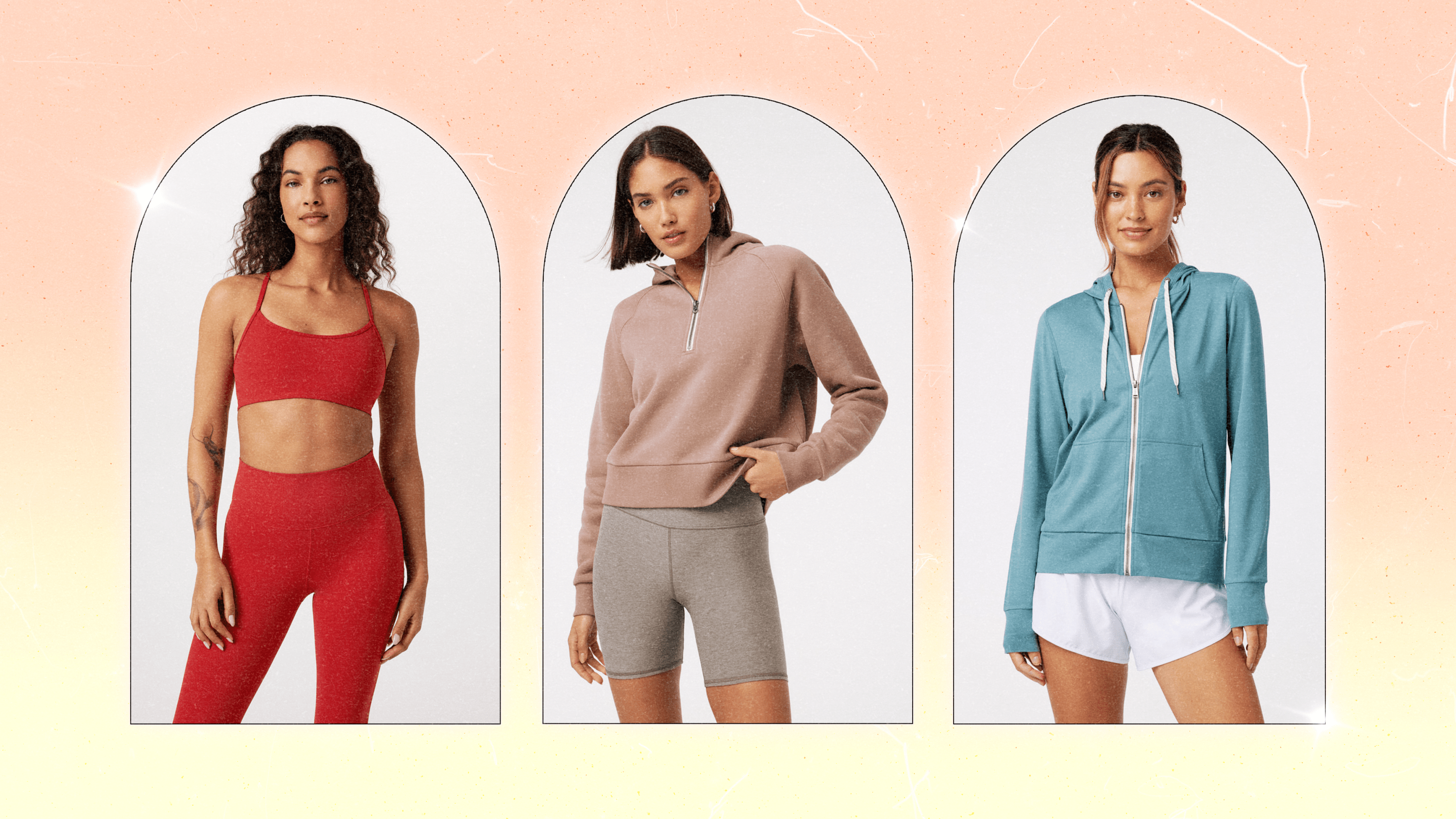 Three models wearing Vuori activewear (sports bra, leggings, half-zip hoodie, biker shorts, zip-up hoodie, and shorts)