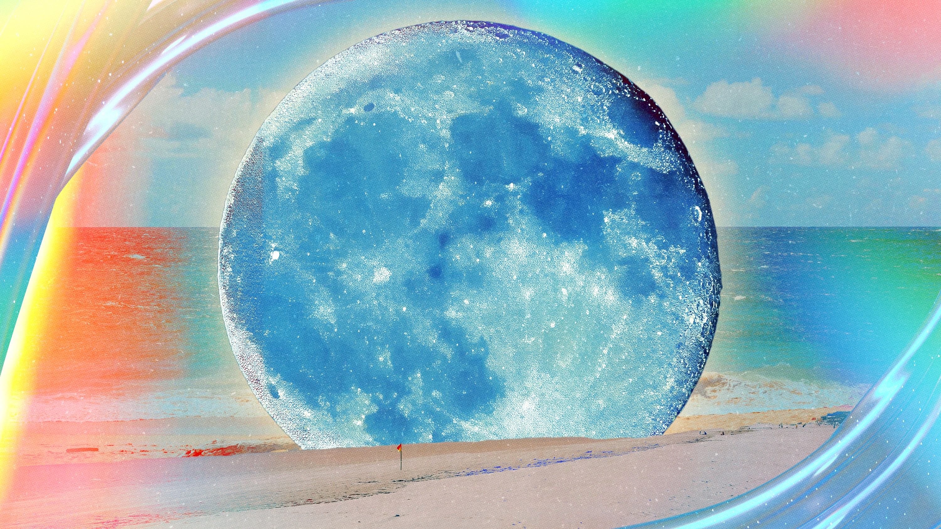 A full moon rising over the ocean surrounded by rainbow prisms