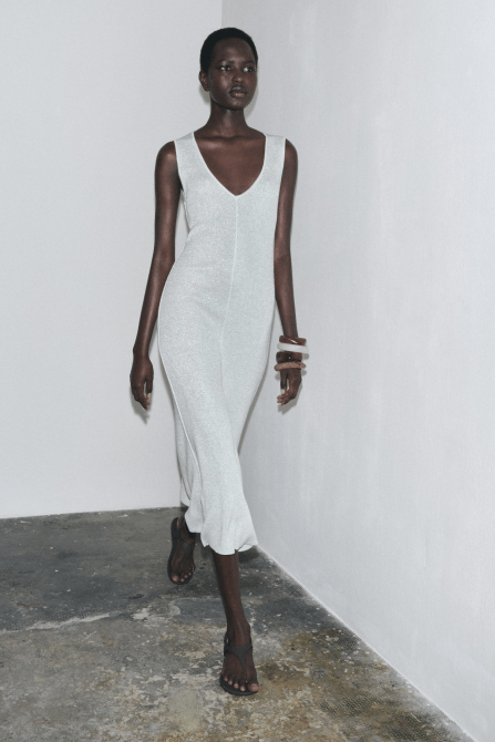 A model wearing the Zara Metallic Long Dress