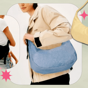 A collage with two images of models wearing FASTFAIRY's Medium Nylon Crescent Bag in black and light blue next to a product shot of the same bag but in butter yellow.