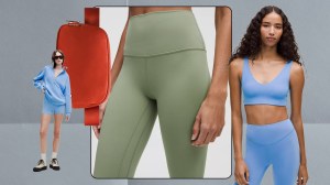 Three models wearing Lululemon activewear and an orange Lululemon belt bag