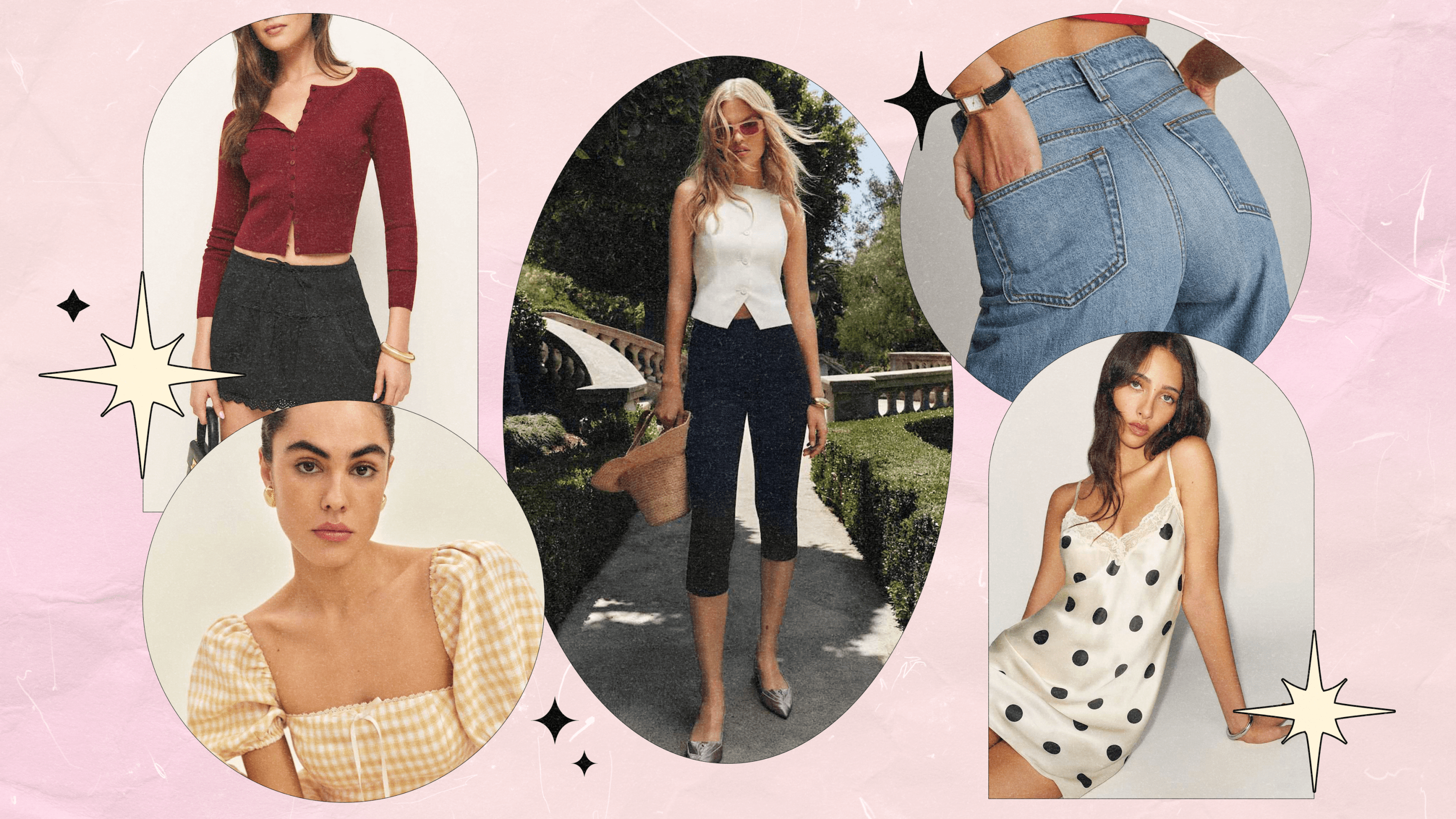 Five models wearing Reformation clothing from the 2025 summer sale