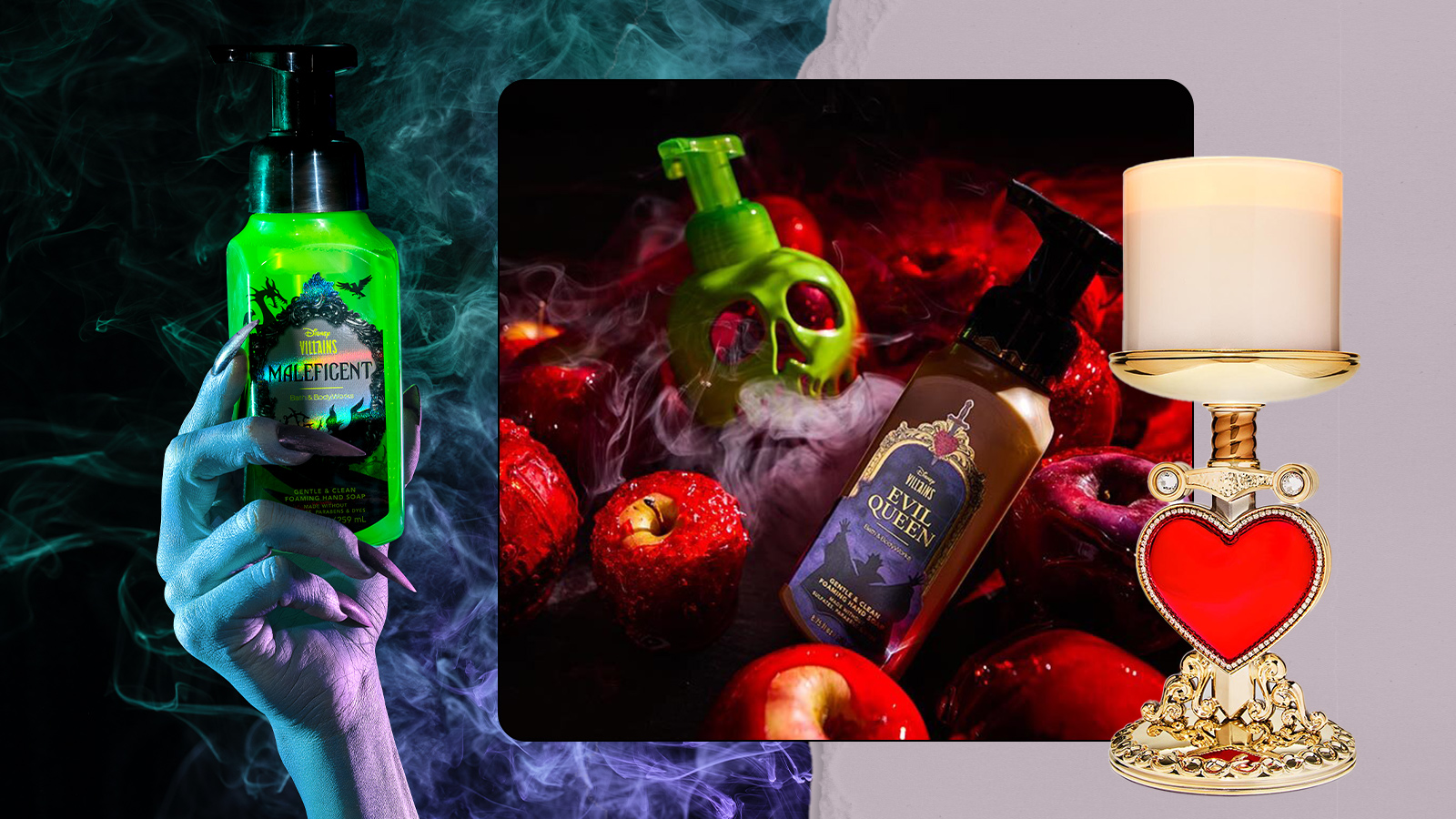 Left to Right: an image of a hand holding the Bath & Body Works green Maleficent hand soap; an image of the Bath & Body Works Evil Queen hand soap next to a green skull candy apple soap dispenser; a product shot of the Bath & Body Works Evil Queen gold candle holder.