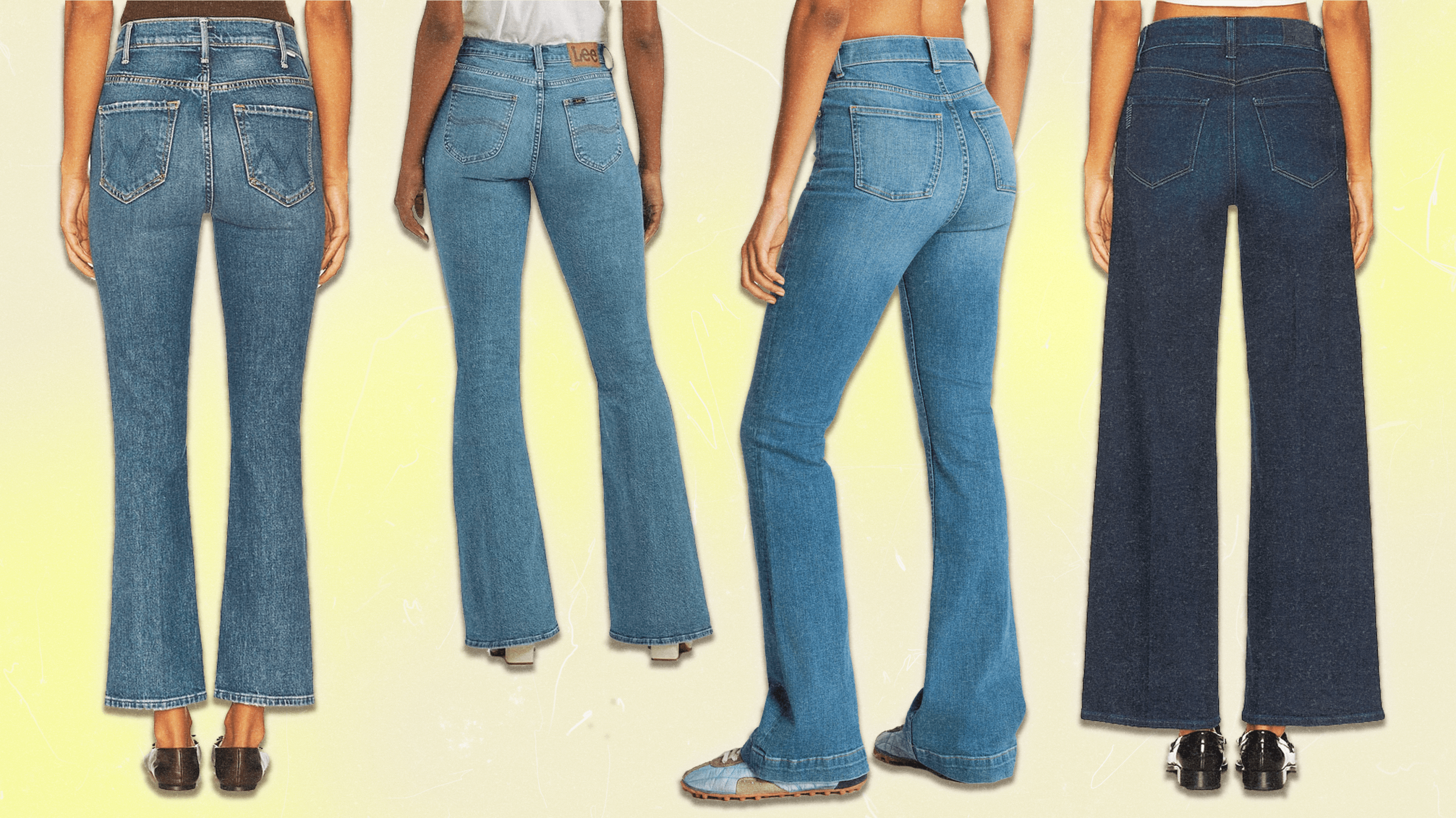 A collage of four models wearing butt-lifting women's jeans from Mother, Lee, Spanx, and Paige.