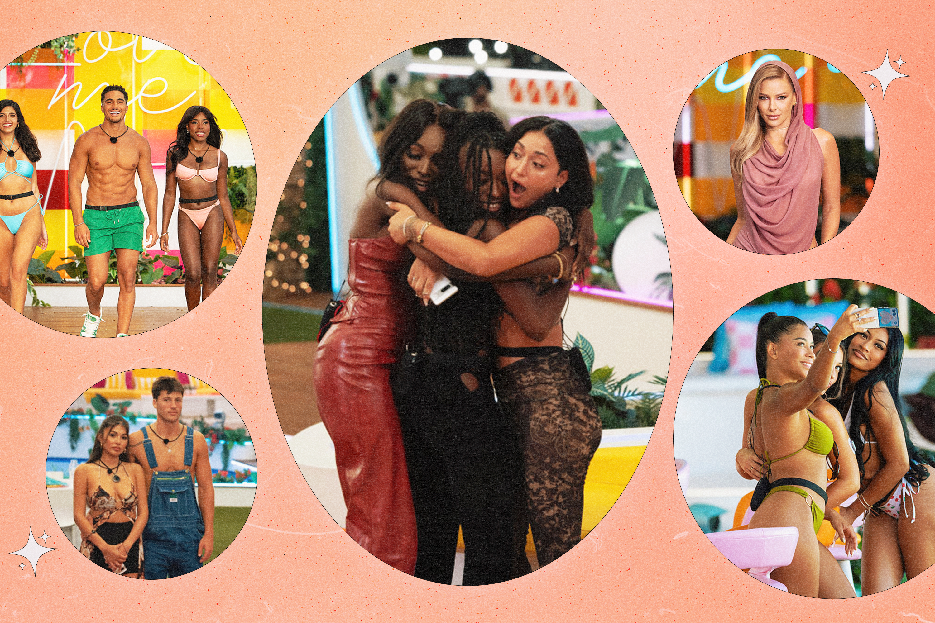 Five photos of Love Island contestants and host Ariana Madix from Love Island Games seaason 2, Love Island USA season 6, and Love Island USA season 7.