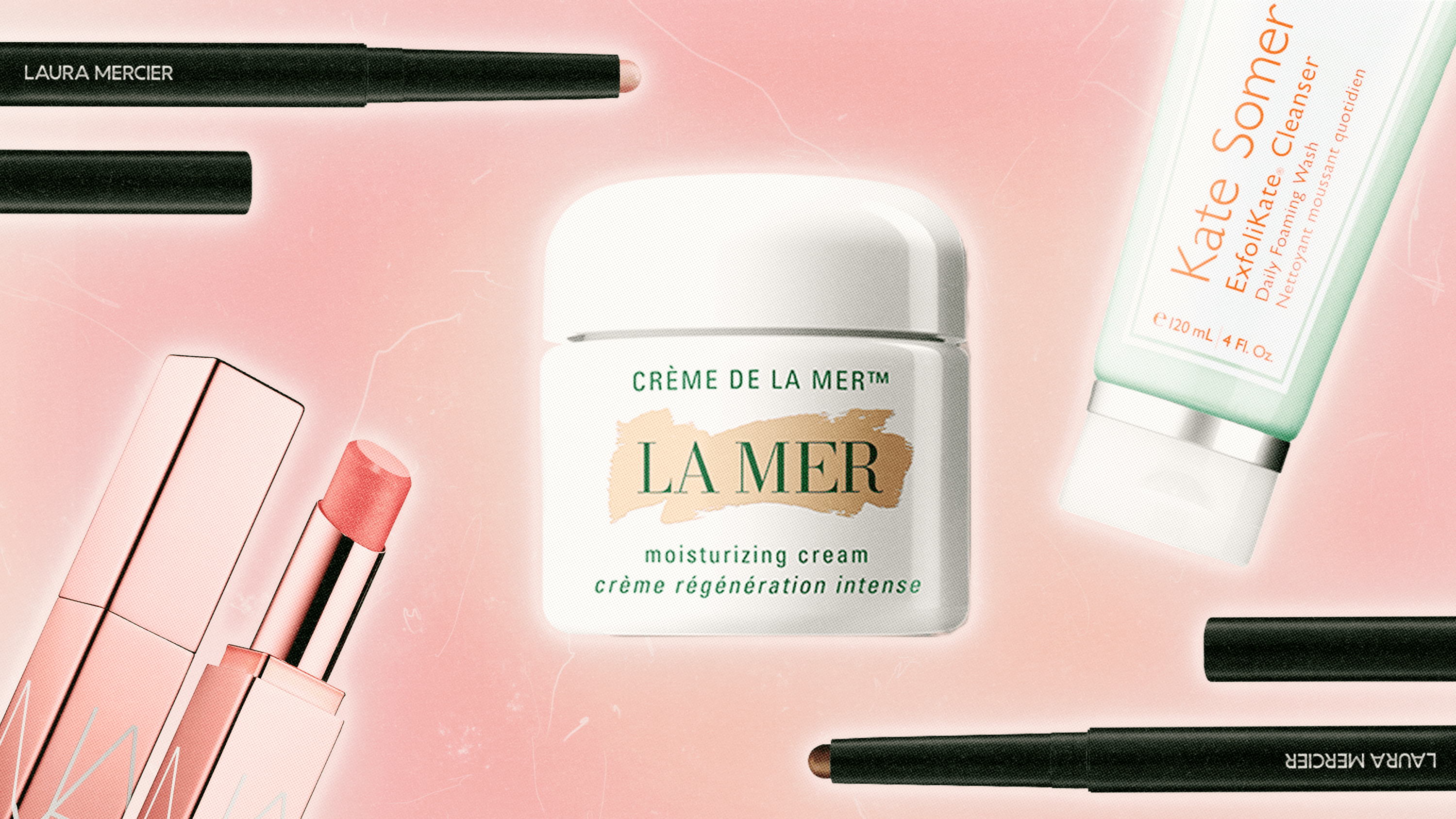 Laura Mercier eyeshadow sticks, NARS tinted lip balm, La Mer moisturizer, and Kate Somerville face cleanser