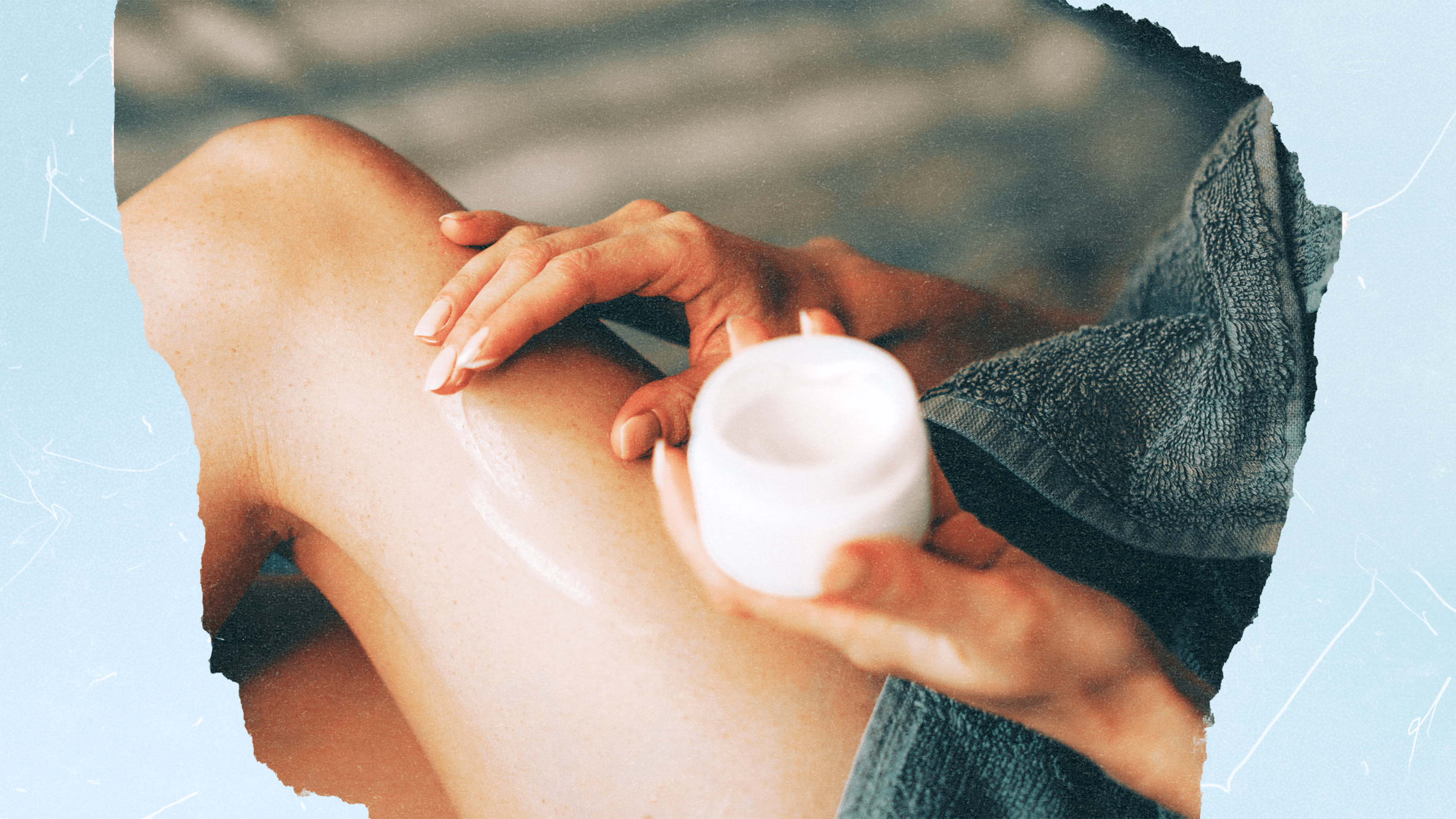 A photo of a woman applying moisturizing cream to her legs