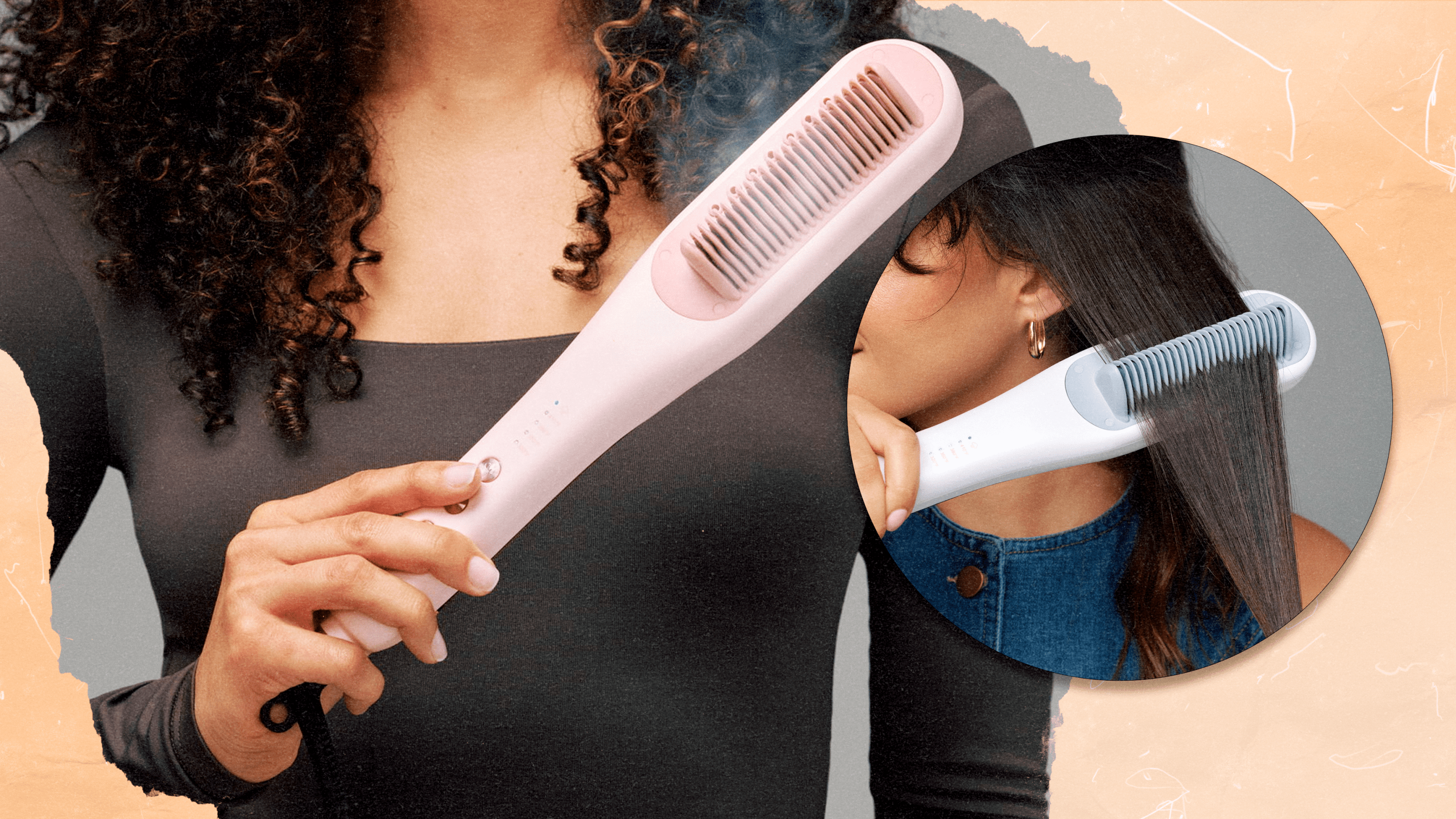 Two models using Wavytalk's Steamline Pro Steam Straightening Brush in the pink and blue colorways.