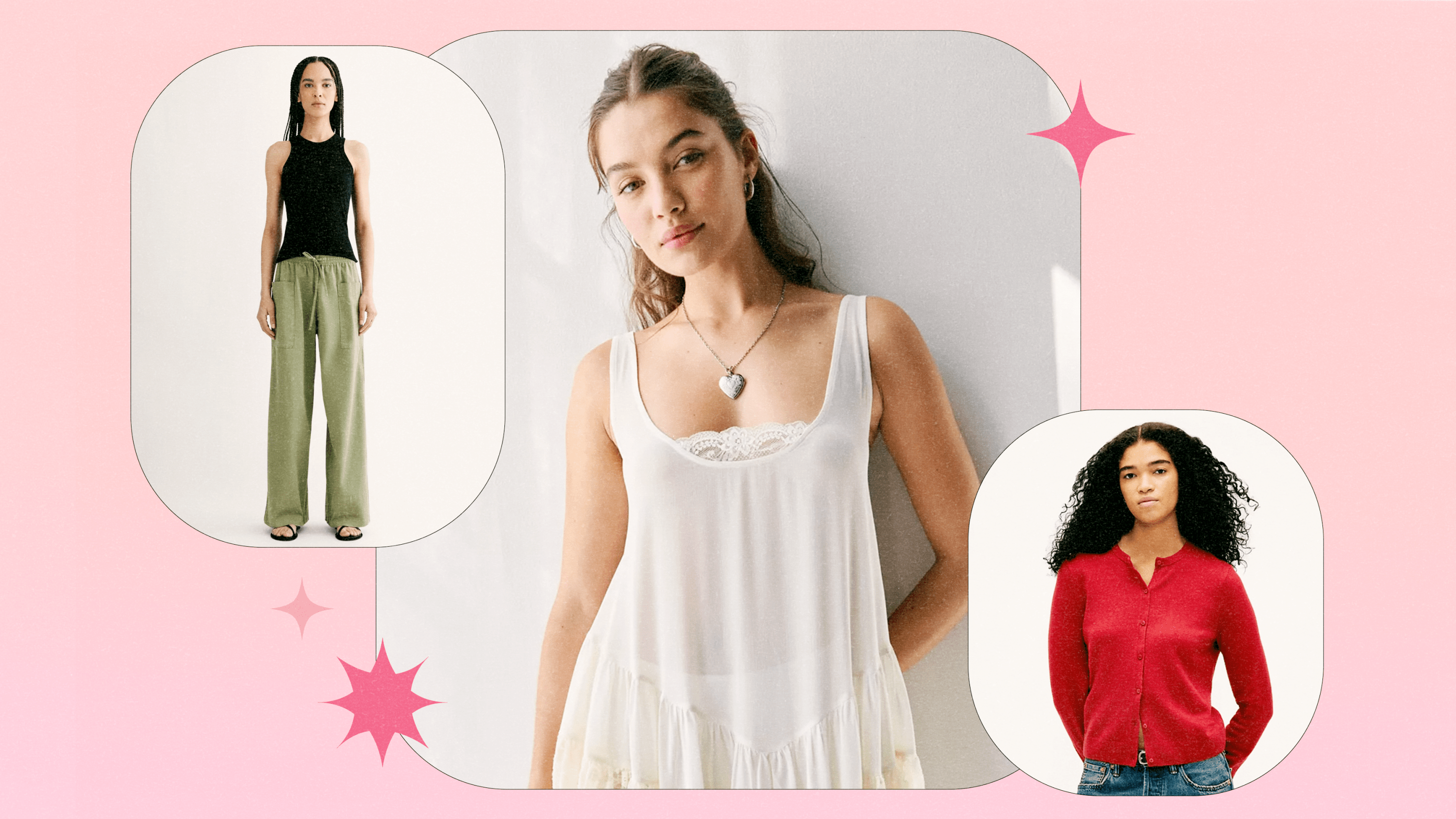 A collage of models wearing Everlane, Out From Under, and GAP.