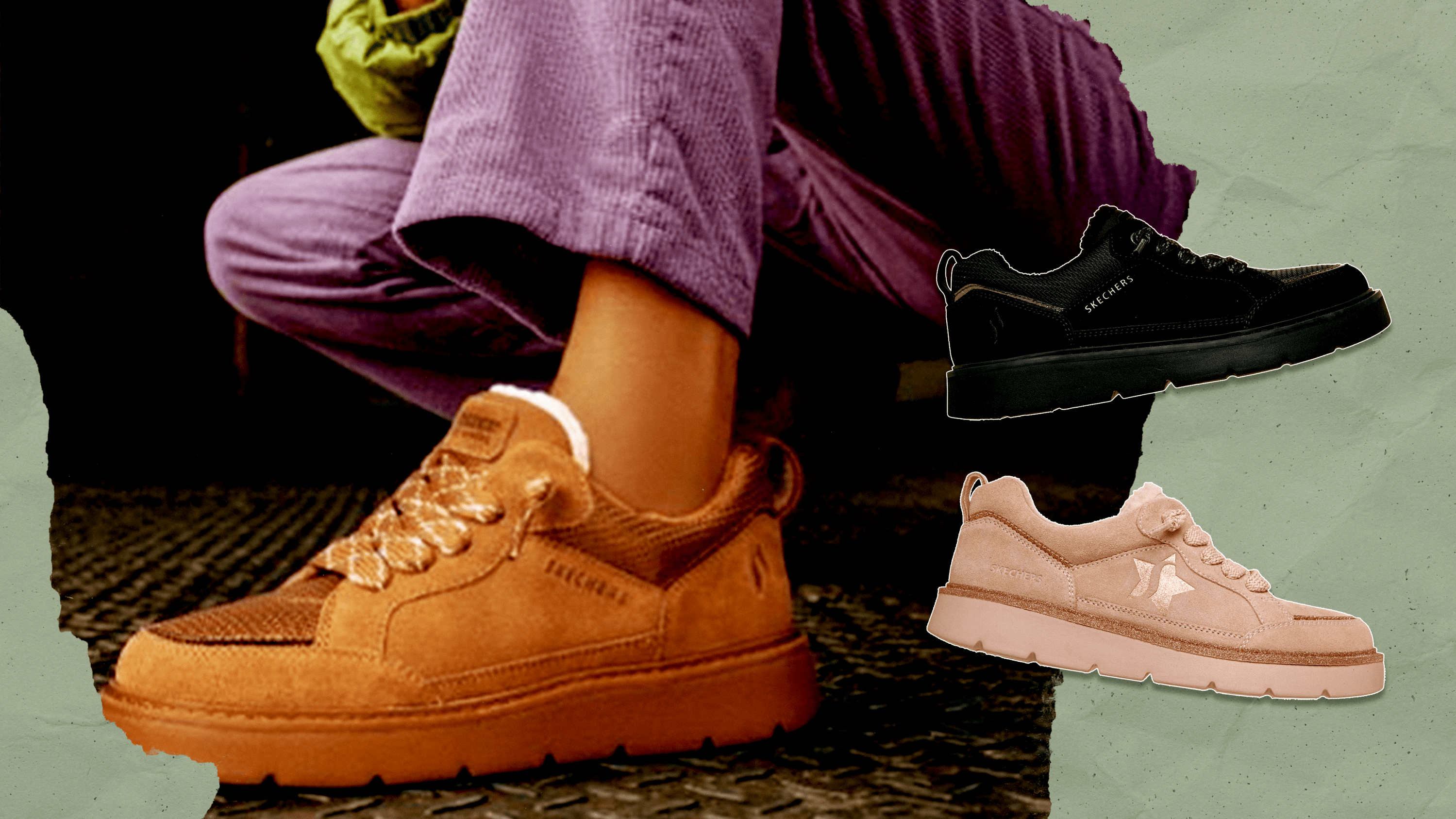 A campaign shot of a model wearing Skechers' Street Hiker shoe in camel, alongside two product shots of the Street Hiker shoe in black and pink