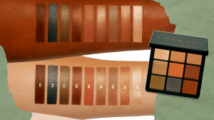 Left: Swatches on two arms of the Anastasia Beverly Hills Embers Mini Eyeshadow Palette; Right: the Anastasia Beverly Hills Embers Mini Eyeshadow Palette opened