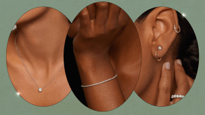Three images of models wearing jewelry from Brilliant Earth