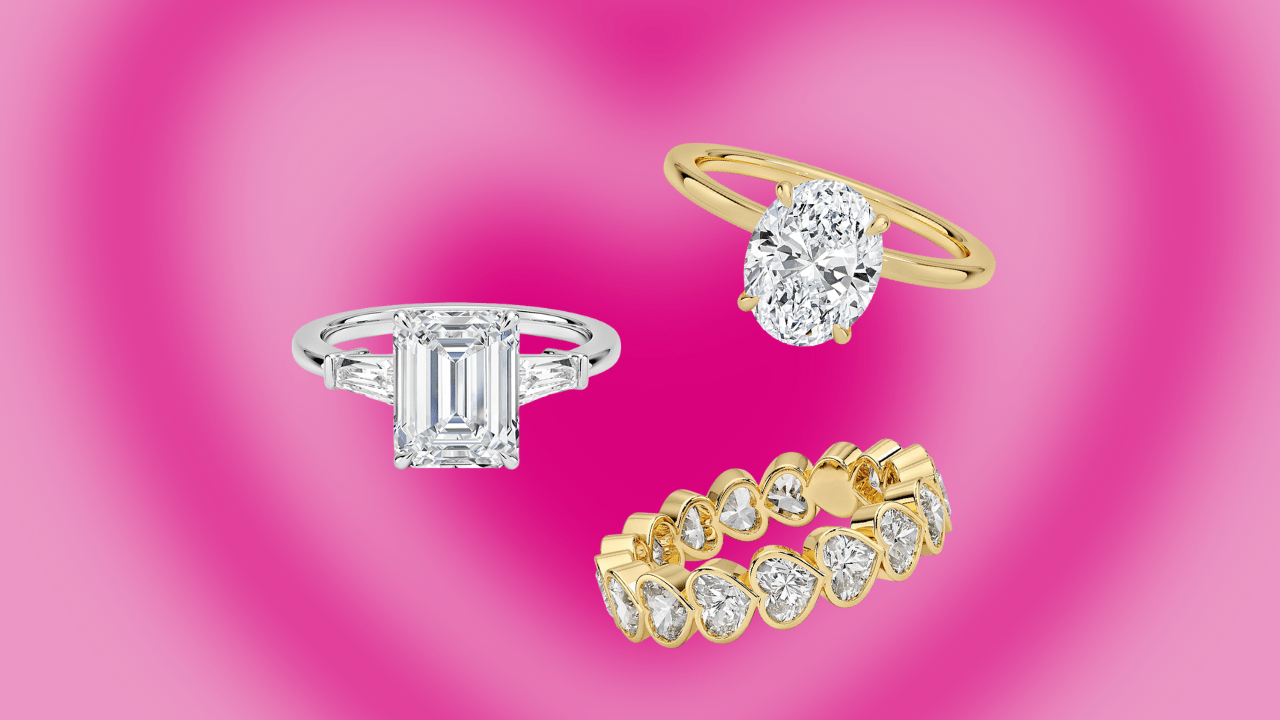 pink background with airbrushed heart and three diamond rings.