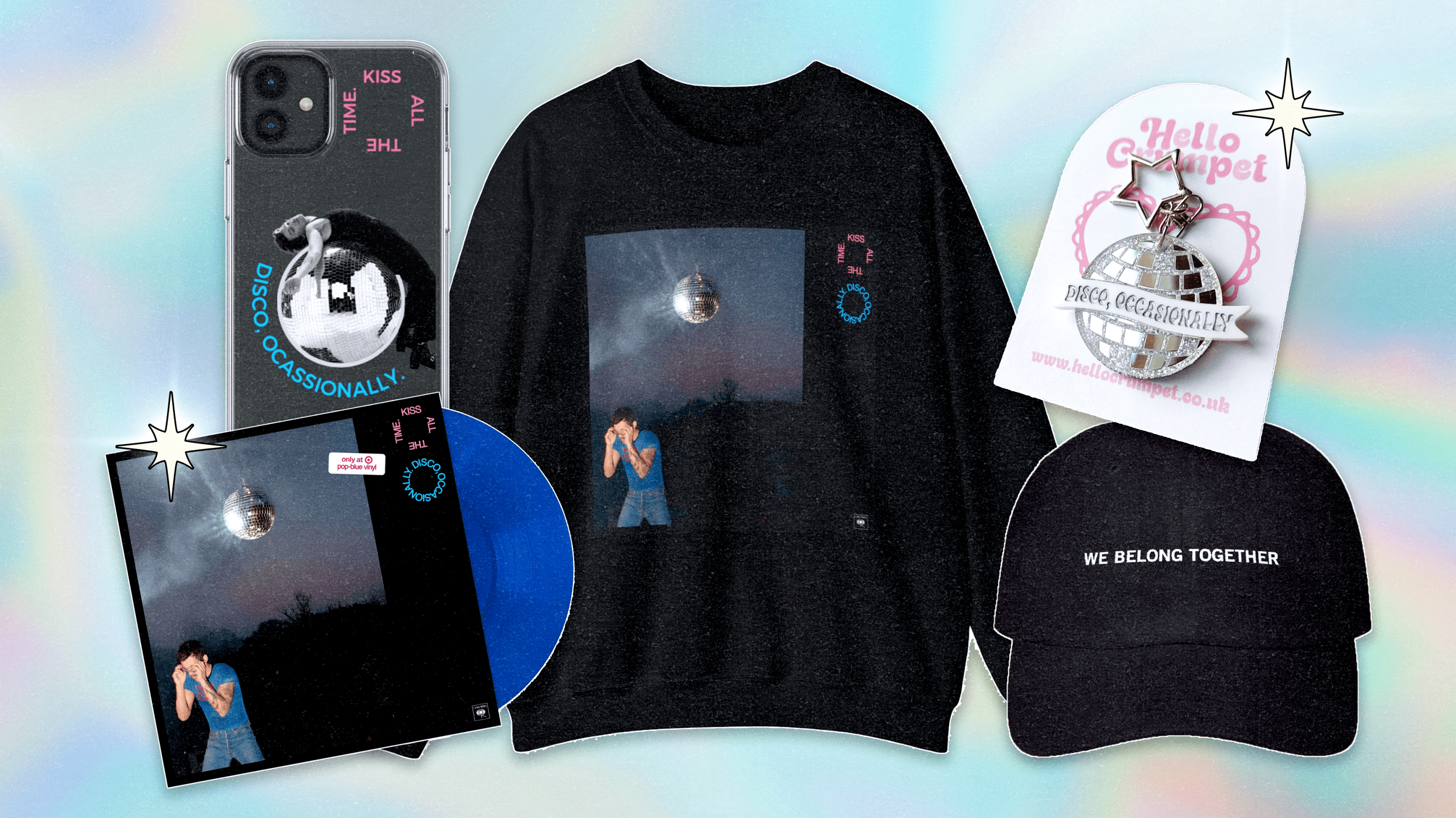 A collage of Harry Styles Kiss All the Time. Disco, Occasionally. Merch (phone case, vinyl record, sweatshirt, keychain, hat)