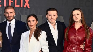 LONDON, ENGLAND - OCTOBER 03: (L-R) Mia Regan, Romeo Beckham, Cruz Beckham, Harper Beckham, David Beckham, Victoria Beckham, Brooklyn Peltz Beckham and Nicola Peltz Beckham attend the Netflix 'Beckham' UK Premiere at The Curzon Mayfair on October 03, 2023 in London, England.
