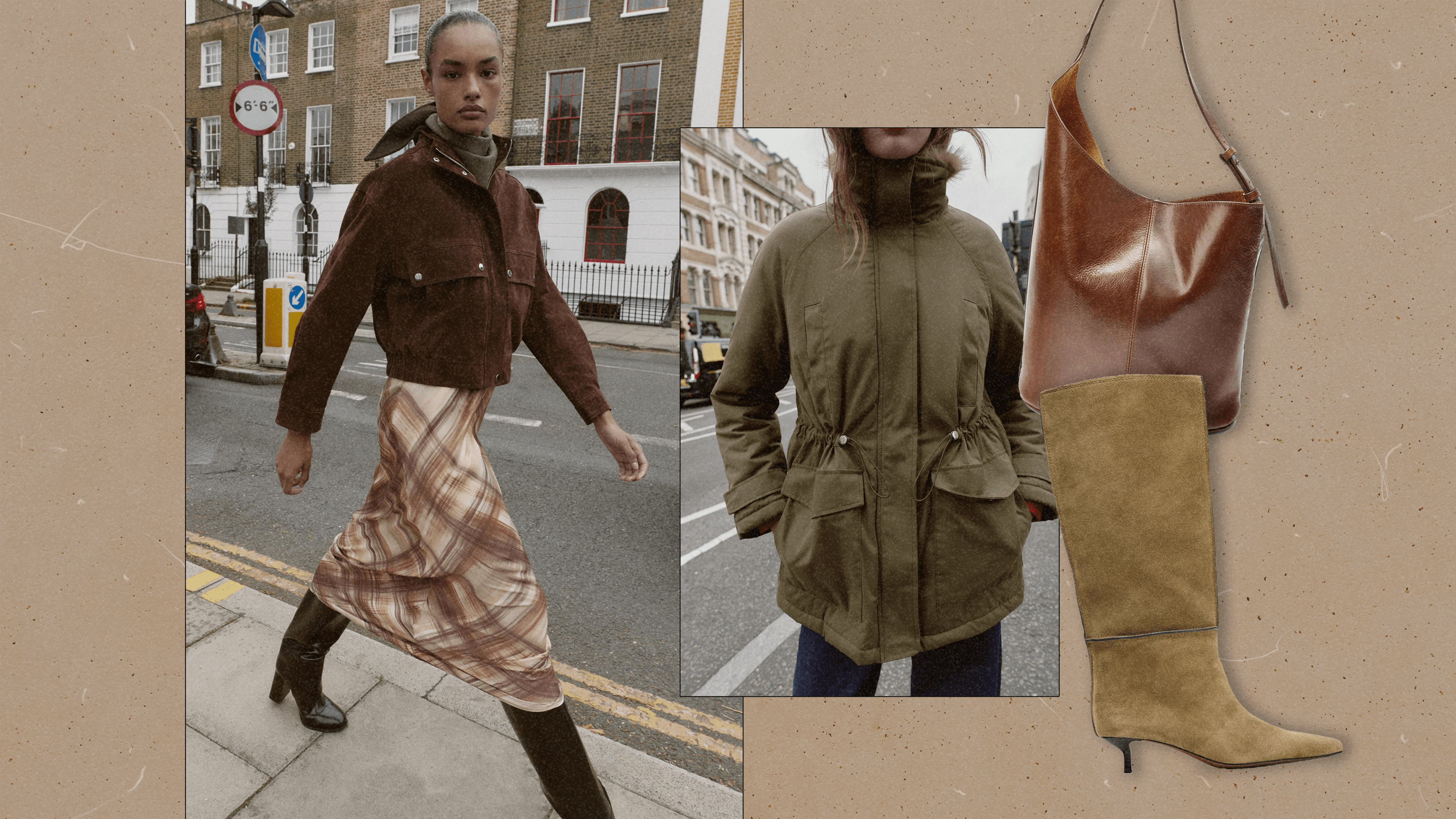 Left to Right: a Zara model wearing a brown jacket and patterened satin midi skirt; a Zara model wearing a mid-length army green jacket; a Zara brown leather bucket bag; a Zara khaki green knee-high boot with a low heel.