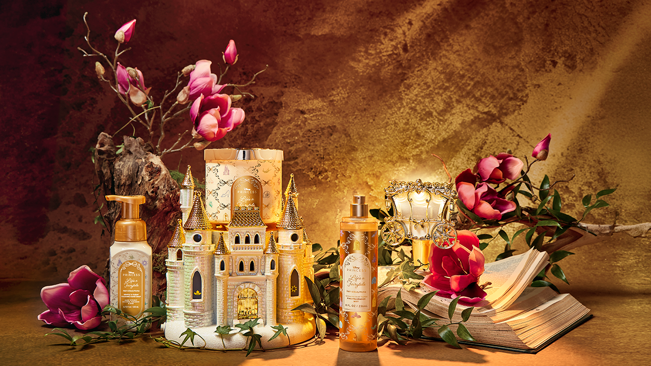 An assortment of products from Bath & Body Works' 2026 Disney Princess Collection in the Life's a Fairytale fragrance.