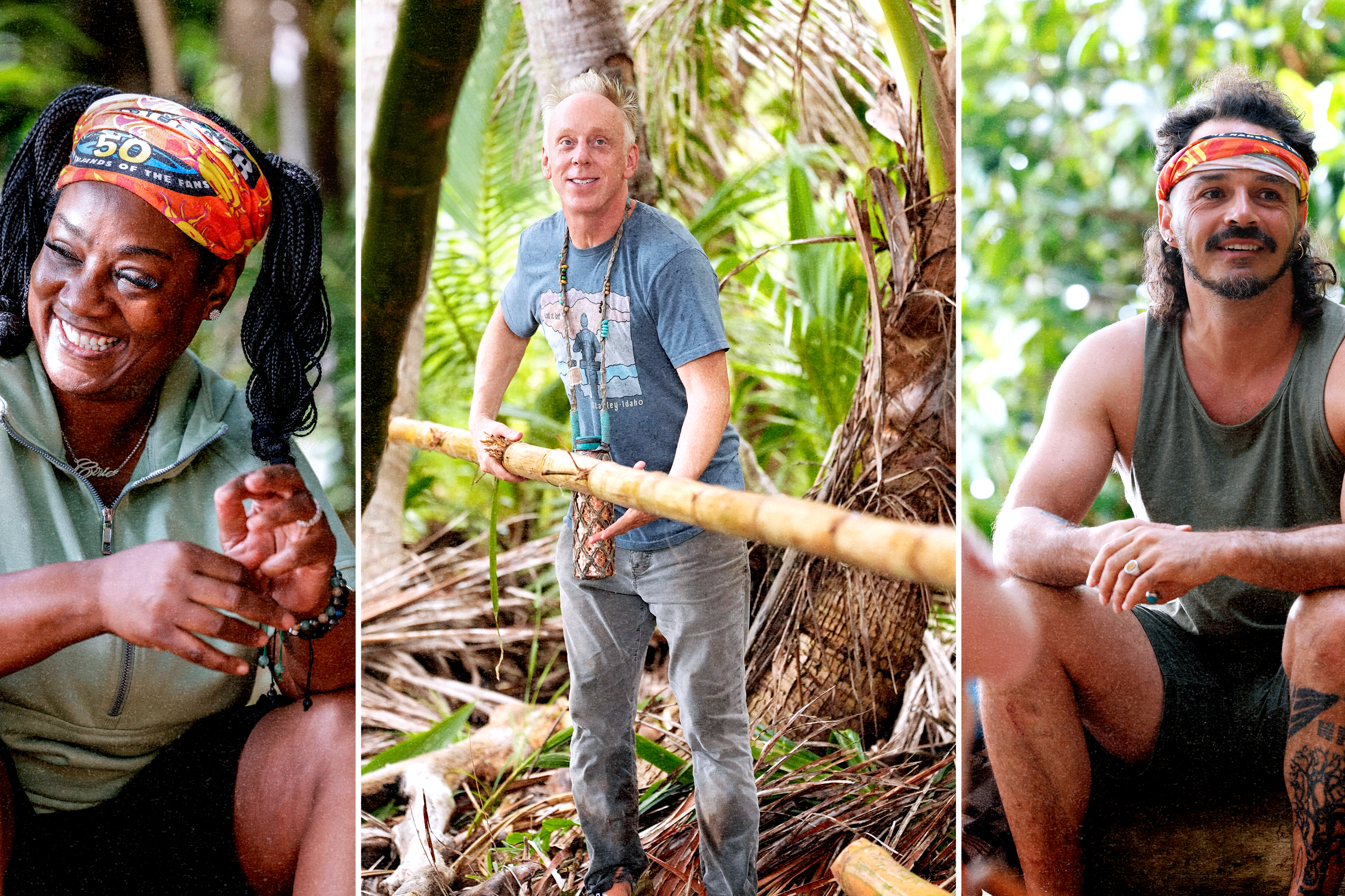 Solo shots from Survivor 50, of Cirie Fields, Mike White, and Ozzy Lusth (left to right).