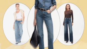 A collage of three models wearing blue jeans