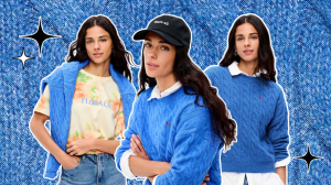 A blue knit background with three women wearing a blue cable knit sweater.